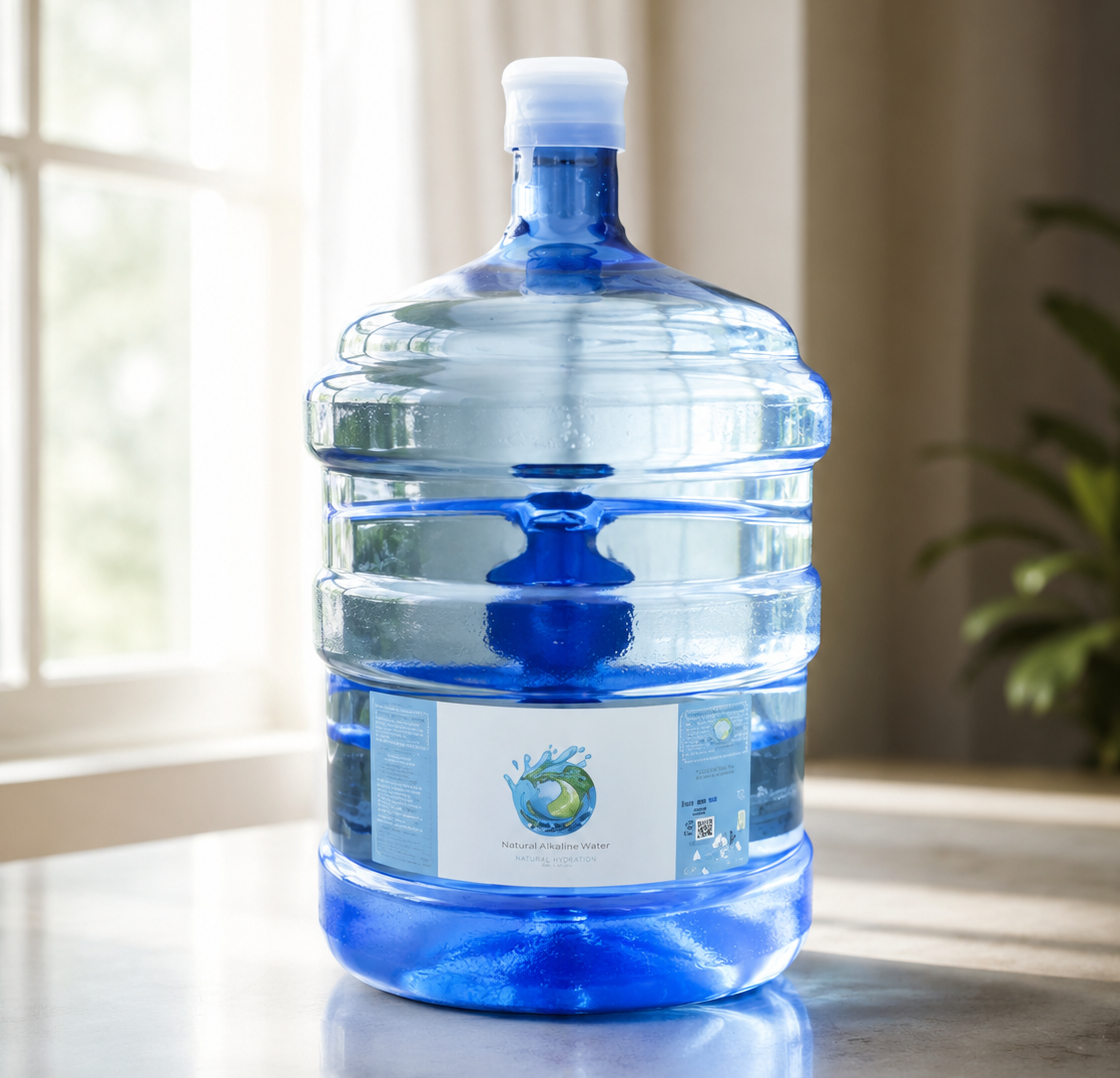 Large blue water bottle on a reflective surface with a blurred window and plant in the background